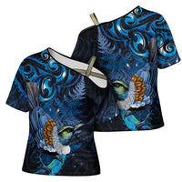 Aotearoa Matariki Cross Shoulder Shirt Maori Tribal with Silver Fern and Tui Bird Galaxy Style LT03 - Polynesian Pride