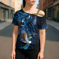 Aotearoa Matariki Cross Shoulder Shirt Maori Tribal with Silver Fern and Tui Bird Galaxy Style LT03 - Polynesian Pride