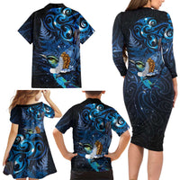 Aotearoa Matariki Family Matching Long Sleeve Bodycon Dress and Hawaiian Shirt Maori Tribal with Silver Fern and Tui Bird Galaxy Style LT03 - Polynesian Pride