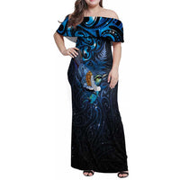 Aotearoa Matariki Family Matching Off Shoulder Maxi Dress and Hawaiian Shirt Maori Tribal with Silver Fern and Tui Bird Galaxy Style LT03 Mom's Dress Navy - Polynesian Pride