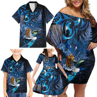 Aotearoa Matariki Family Matching Off Shoulder Short Dress and Hawaiian Shirt Maori Tribal with Silver Fern and Tui Bird Galaxy Style LT03 - Polynesian Pride