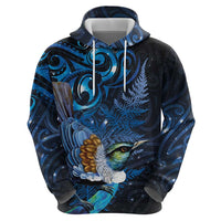 Aotearoa Matariki Hoodie Maori Tribal with Silver Fern and Tui Bird Galaxy Style - Polynesian Pride