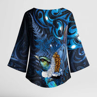 Aotearoa Matariki Kimono Sleeve Blouse Maori Tribal with Silver Fern and Tui Bird Galaxy Style LT03 - Polynesian Pride