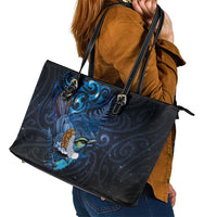 Aotearoa Matariki Leather Tote Bag Maori Tribal with Silver Fern and Tui Bird Galaxy Style LT03 - Polynesian Pride
