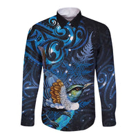 Aotearoa Matariki Long Sleeve Button Shirt Maori Tribal with Silver Fern and Tui Bird Galaxy Style LT03 Unisex Navy - Polynesian Pride