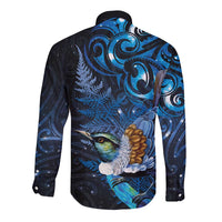 Aotearoa Matariki Long Sleeve Button Shirt Maori Tribal with Silver Fern and Tui Bird Galaxy Style LT03 - Polynesian Pride