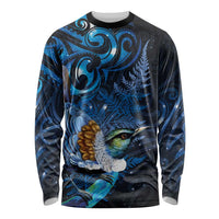 Aotearoa Matariki Long Sleeve Shirt Maori Tribal with Silver Fern and Tui Bird Galaxy Style LT03 Unisex Navy - Polynesian Pride