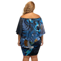 Aotearoa Matariki Off Shoulder Short Dress Maori Tribal with Silver Fern and Tui Bird Galaxy Style LT03 - Polynesian Pride