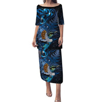 Aotearoa Matariki Puletasi Maori Tribal with Silver Fern and Tui Bird Galaxy Style LT03 Long Dress Navy - Polynesian Pride