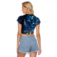 Aotearoa Matariki Raglan Cropped T Shirt Maori Tribal with Silver Fern and Tui Bird Galaxy Style LT03 - Polynesian Pride