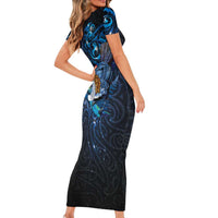 Aotearoa Matariki Short Sleeve Bodycon Dress Maori Tribal with Silver Fern and Tui Bird Galaxy Style LT03 - Polynesian Pride