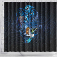 Aotearoa Matariki Shower Curtain Maori Tribal with Silver Fern and Tui Bird Galaxy Style LT03 - Polynesian Pride