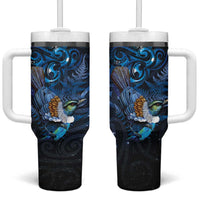 Aotearoa Matariki Tumbler With Handle Maori Tribal with Silver Fern and Tui Bird Galaxy Style LT03 One Size: 40 oz Navy - Polynesian Pride