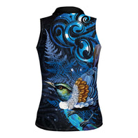 Aotearoa Matariki Women Sleeveless Polo Shirt Maori Tribal with Silver Fern and Tui Bird Galaxy Style - Polynesian Pride