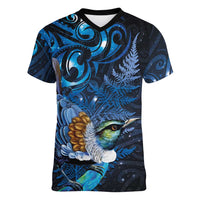 Aotearoa Matariki Women V-Neck T-Shirt Maori Tribal with Silver Fern and Tui Bird Galaxy Style LT03 Female Navy - Polynesian Pride