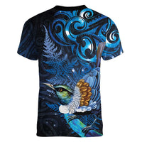 Aotearoa Matariki Women V-Neck T-Shirt Maori Tribal with Silver Fern and Tui Bird Galaxy Style LT03 - Polynesian Pride
