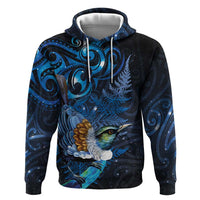 Aotearoa Matariki Zip Hoodie Maori Tribal with Silver Fern and Tui Bird Galaxy Style LT03 Pullover Hoodie Navy - Polynesian Pride