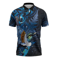 Aotearoa Matariki Zipper Polo Shirt Maori Tribal with Silver Fern and Tui Bird Galaxy Style LT03 Navy - Polynesian Pride