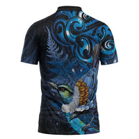 Aotearoa Matariki Zipper Polo Shirt Maori Tribal with Silver Fern and Tui Bird Galaxy Style LT03 - Polynesian Pride