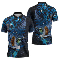 Aotearoa Matariki Zipper Polo Shirt Maori Tribal with Silver Fern and Tui Bird Galaxy Style LT03 - Polynesian Pride