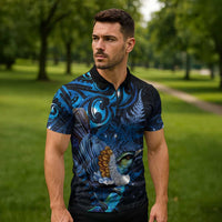 Aotearoa Matariki Zipper Polo Shirt Maori Tribal with Silver Fern and Tui Bird Galaxy Style LT03 - Polynesian Pride