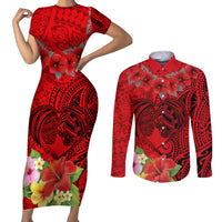 Personalised Hawaii Valentine Day Couples Matching Short Sleeve Bodycon Dress and Long Sleeve Button Shirt Couple Love Heart mix Hibiscus and Polynesian Tattoo LT03 Red - Polynesian Pride
