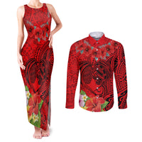 Personalised Hawaii Valentine Day Couples Matching Tank Maxi Dress and Long Sleeve Button Shirt Couple Love Heart mix Hibiscus and Polynesian Tattoo LT03 Red - Polynesian Pride