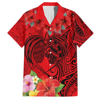 Personalised Hawaii Valentine Day Hawaiian Shirt Couple Love Heart mix Hibiscus and Polynesian Tattoo LT03 Red - Polynesian Pride