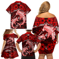 Polynesian Shark Valentine Day Family Matching Off Shoulder Short Dress and Hawaiian Shirt Hibiscus and Tribal Tattoo Red Style LT03 - Polynesian Pride