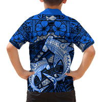 Polynesian Shark Valentine Day Family Matching Short Sleeve Bodycon Dress and Hawaiian Shirt Hibiscus and Tribal Tattoo Blue Style LT03 - Polynesian Pride