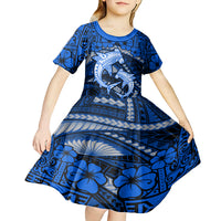 Polynesian Shark Valentine Day Kid Short Sleeve Dress Hibiscus and Tribal Tattoo Blue Style LT03 - Polynesian Pride