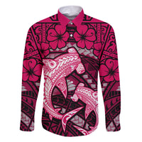 Polynesian Shark Valentine Day Family Matching Short Sleeve Bodycon Dress and Hawaiian Shirt Hibiscus and Tribal Tattoo Pink Style LT03 Dad's Shirt - Long Sleeve Pink - Polynesian Pride