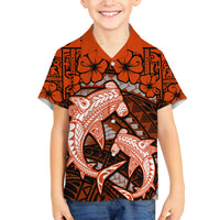 Polynesian Shark Valentine Day Family Matching Off Shoulder Long Sleeve Dress and Hawaiian Shirt Hibiscus and Tribal Tattoo Orange Style LT03 Son's Shirt Orange - Polynesian Pride