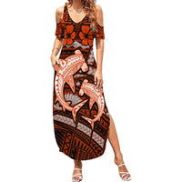 Polynesian Shark Valentine Day Summer Maxi Dress Hibiscus and Tribal Tattoo Orange Style LT03 Women Orange - Polynesian Pride