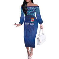 Custom Fiji Football-Towards World Cup 2026 Off The Shoulder Long Sleeve Dress LT03 Women Blue - Polynesian Pride