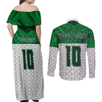 Custom Hawaii Volleyball-Kakau Motif Green Color Couples Matching Off Shoulder Maxi Dress and Long Sleeve Button Shirt LT03 - Polynesian Pride