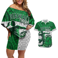 Custom Hawaii Volleyball-Kakau Motif Green Color Couples Matching Off Shoulder Short Dress and Hawaiian Shirt LT03 Green - Polynesian Pride
