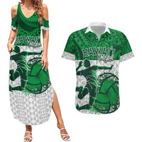 Custom Hawaii Volleyball-Kakau Motif Green Color Couples Matching Summer Maxi Dress and Hawaiian Shirt LT03 Green - Polynesian Pride