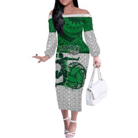 Custom Hawaii Volleyball-Kakau Motif Green Color Family Matching Off The Shoulder Long Sleeve Dress and Hawaiian Shirt LT03 Mom's Dress Green - Polynesian Pride