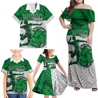 Custom Hawaii Volleyball-Kakau Motif Green Color Family Matching Off Shoulder Maxi Dress and Hawaiian Shirt LT03 - Polynesian Pride