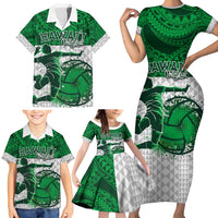 Custom Hawaii Volleyball-Kakau Motif Green Color Family Matching Short Sleeve Bodycon Dress and Hawaiian Shirt LT03 - Polynesian Pride