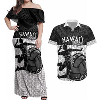 Custom Hawaii Volleyball-Kakau Motif Grayscale Color Couples Matching Off Shoulder Maxi Dress and Hawaiian Shirt LT03 Black - Polynesian Pride