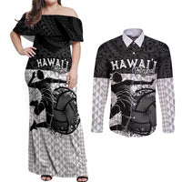 Custom Hawaii Volleyball-Kakau Motif Grayscale Color Couples Matching Off Shoulder Maxi Dress and Long Sleeve Button Shirt LT03 Black - Polynesian Pride