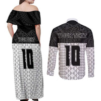 Custom Hawaii Volleyball-Kakau Motif Grayscale Color Couples Matching Off Shoulder Maxi Dress and Long Sleeve Button Shirt LT03 - Polynesian Pride