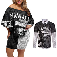 Custom Hawaii Volleyball-Kakau Motif Grayscale Color Couples Matching Off Shoulder Short Dress and Long Sleeve Button Shirt LT03 Black - Polynesian Pride