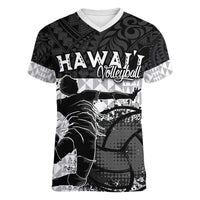 Custom Hawaii Volleyball-Kakau Motif Grayscale Color Women V-Neck T-Shirt LT03 Female Black - Polynesian Pride