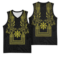 Philippines Barong Style Basketball Jersey with Polynesian Art and Leaf Motif Black-Gold Color