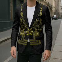 Philippines Barong Style Blazer with Polynesian Art and Leaf Motif Black-Gold Color