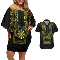 Philippines Barong Style Couples Matching Off Shoulder Short Dress and Hawaiian Shirt with Polynesian Art and Leaf Motif Black-Gold Color LT03 Black - Polynesian Pride