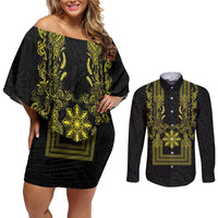 Philippines Barong Style Couples Matching Off Shoulder Short Dress and Long Sleeve Button Shirt with Polynesian Art and Leaf Motif Black-Gold Color LT03 Black - Polynesian Pride